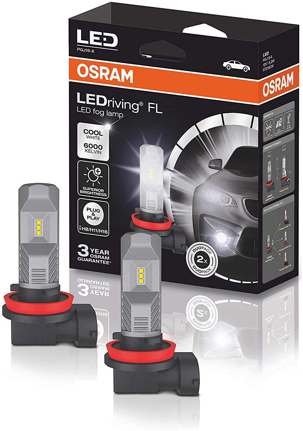 OSRAM LEDriving FL, voldoet aan ECE H8, H11, H16, mistlampen, 67219CW, 12V, etui (2 lampen), koudwit, set van 2